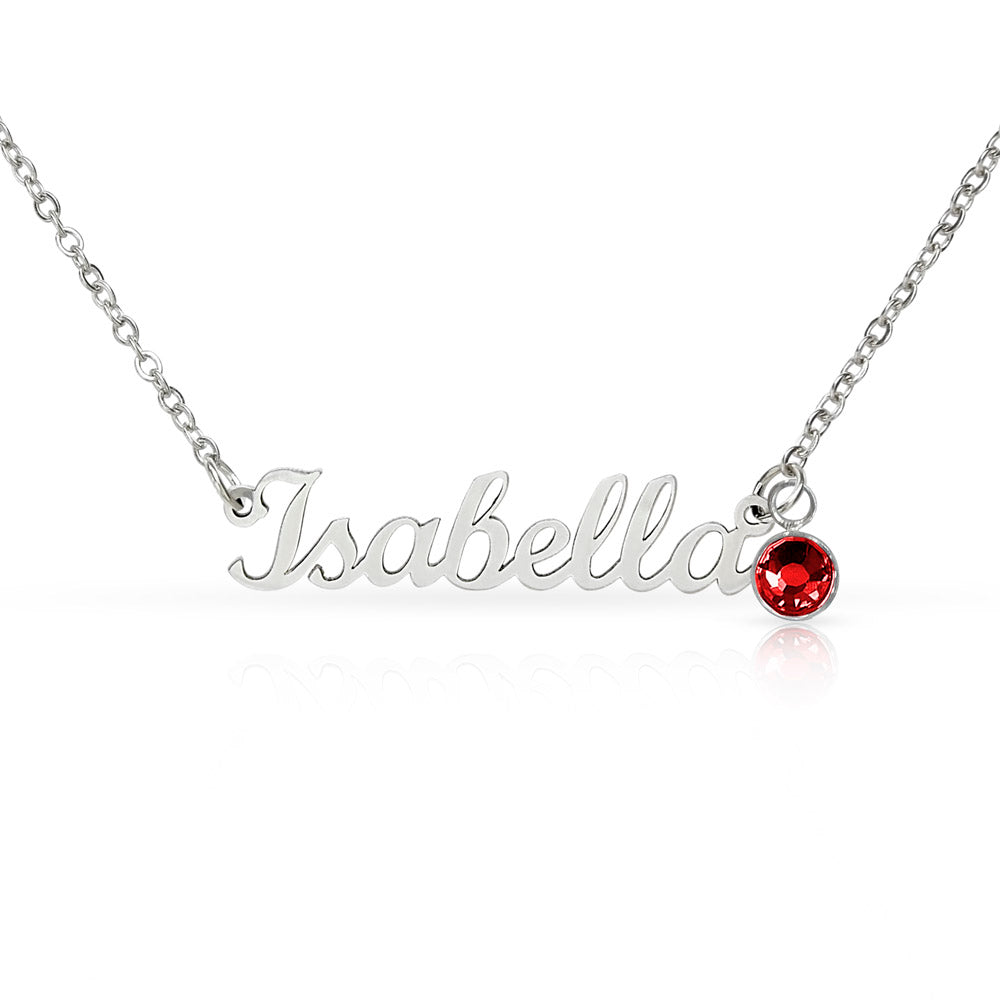 Personalized name necklace in Polished stainless steel with red birthstone charm - Custom Name Necklace with Birthstone - Arkenova Jewelry