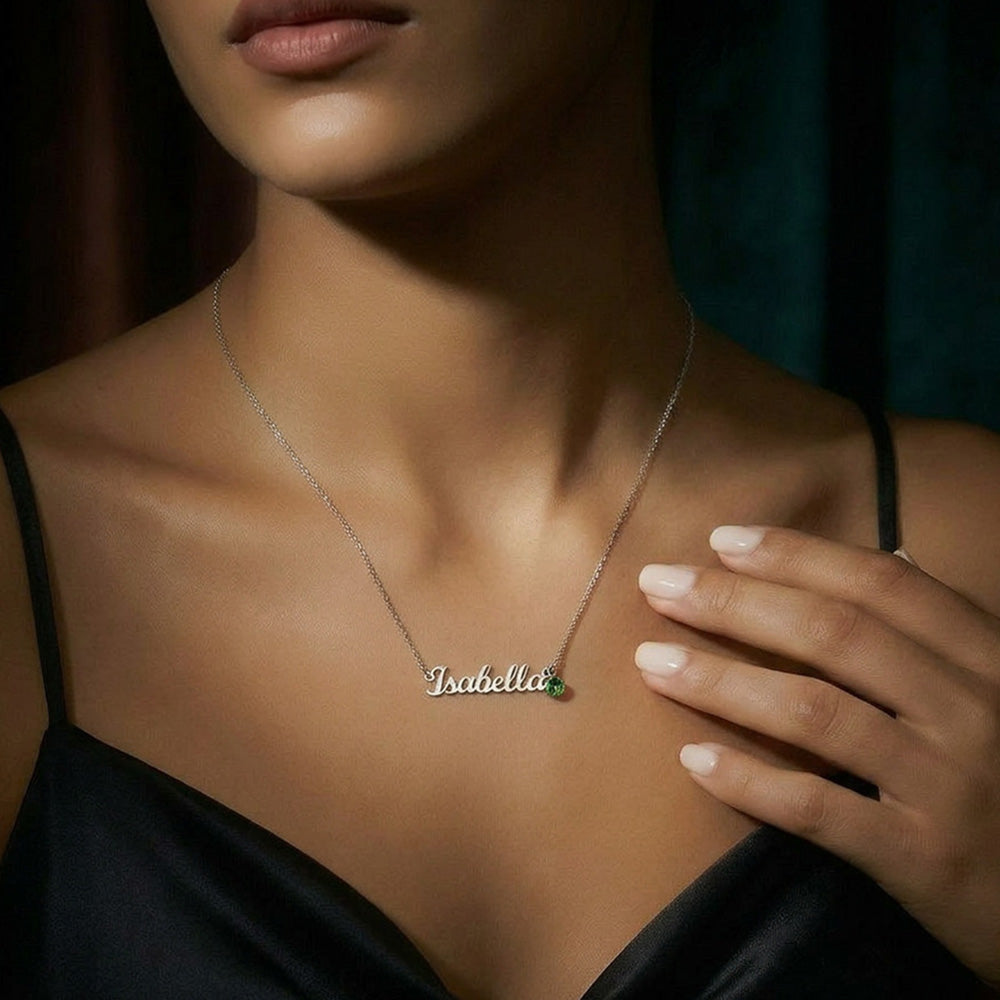 Personalized name necklace in silver chain with green birthstone charm - Custom Name Necklace with Birthstone - Arkenova Jewelry