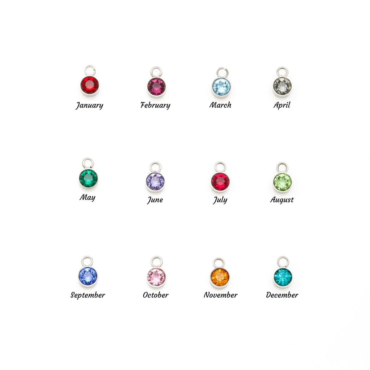 Birthstone color guide for personalized name necklace, 12 colors available January through December - Custom Name Necklace with Birthstone - Arkenova Jewelry