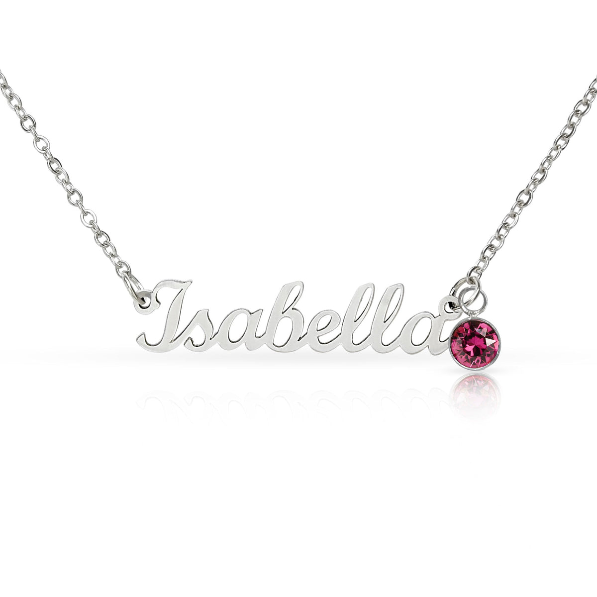 Personalized name necklace in Polished stainless steel with pink birthstone charm - Custom Name Necklace with Birthstone - Arkenova Jewelry