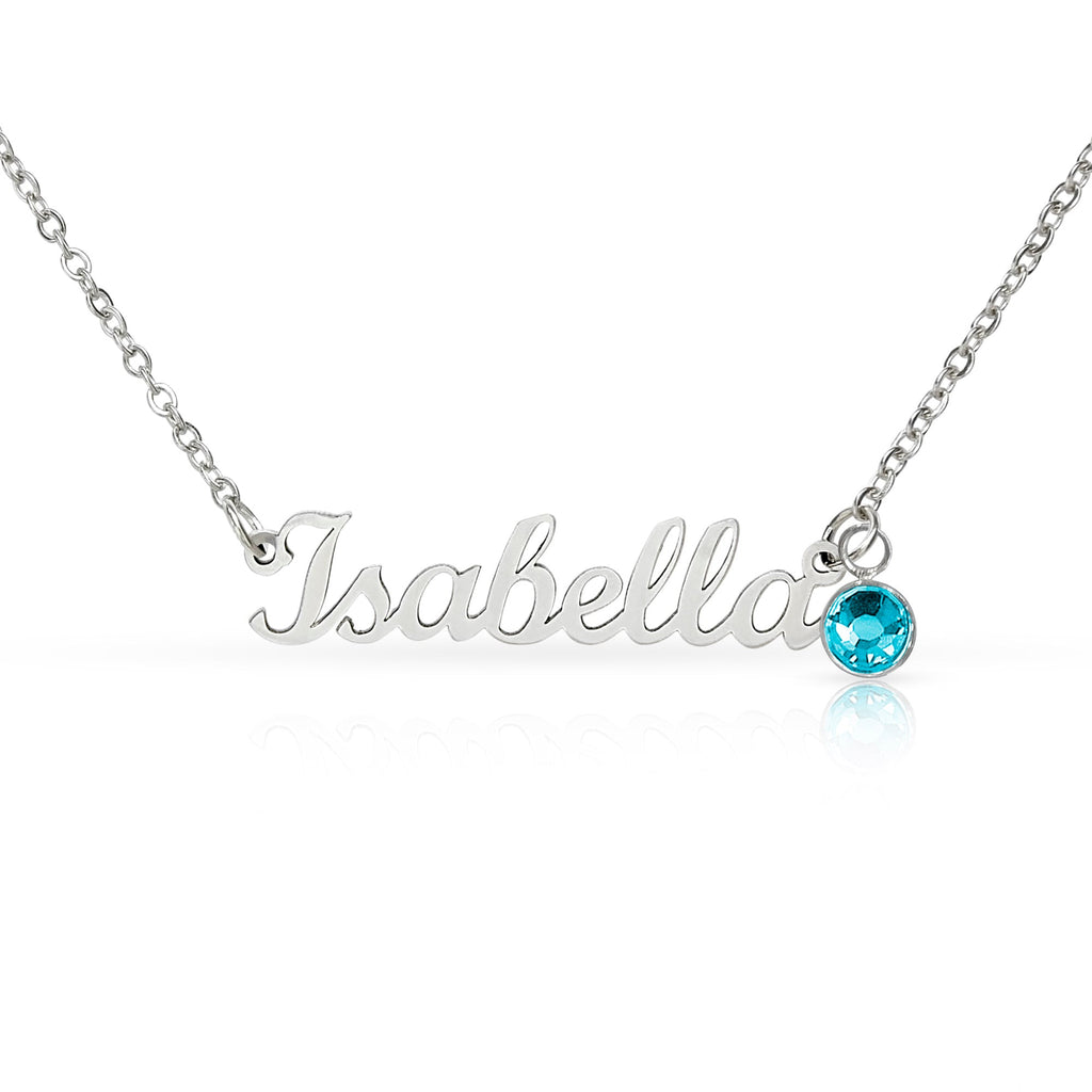 Personalized name necklace in Polished stainless steel with teal birthstone charm - Custom Name Necklace with Birthstone - Arkenova Jewelry