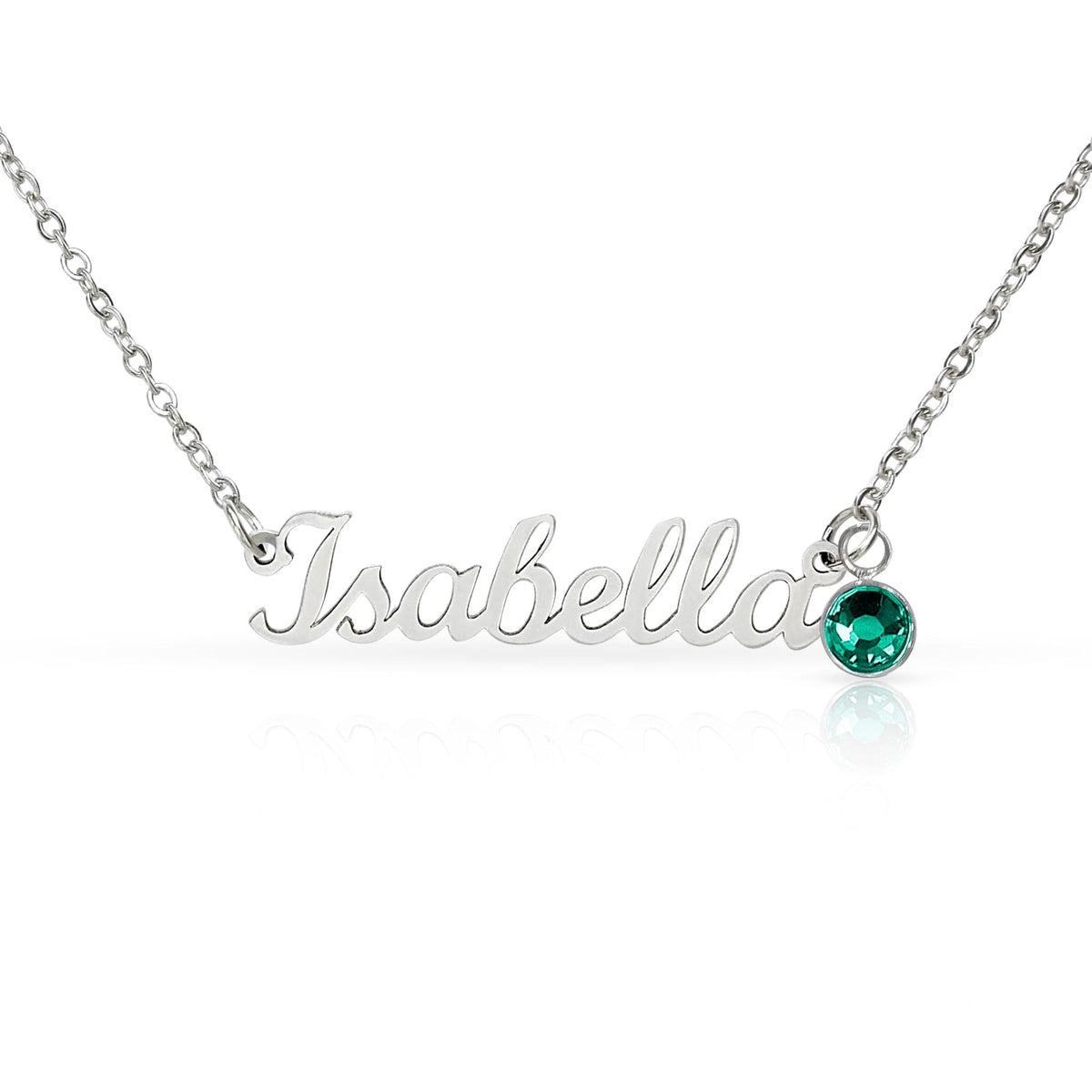 Personalized name necklace in Polished stainless steel  with emerald green birthstone charm - Custom Name Necklace with Birthstone - Arkenova Jewelry