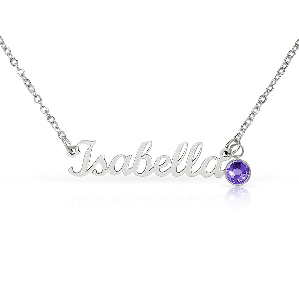 Personalized name necklace in Polished stainless steel  with violet blue birthstone charm - Custom Name Necklace with Birthstone - Arkenova Jewelry