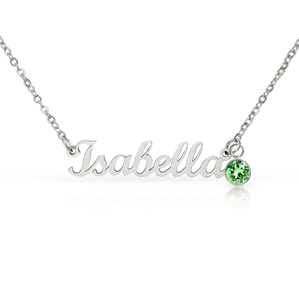 Personalized name necklace in Polished stainless steel chain with green birthstone charm - Custom Name Necklace with Birthstone - Arkenova Jewelry