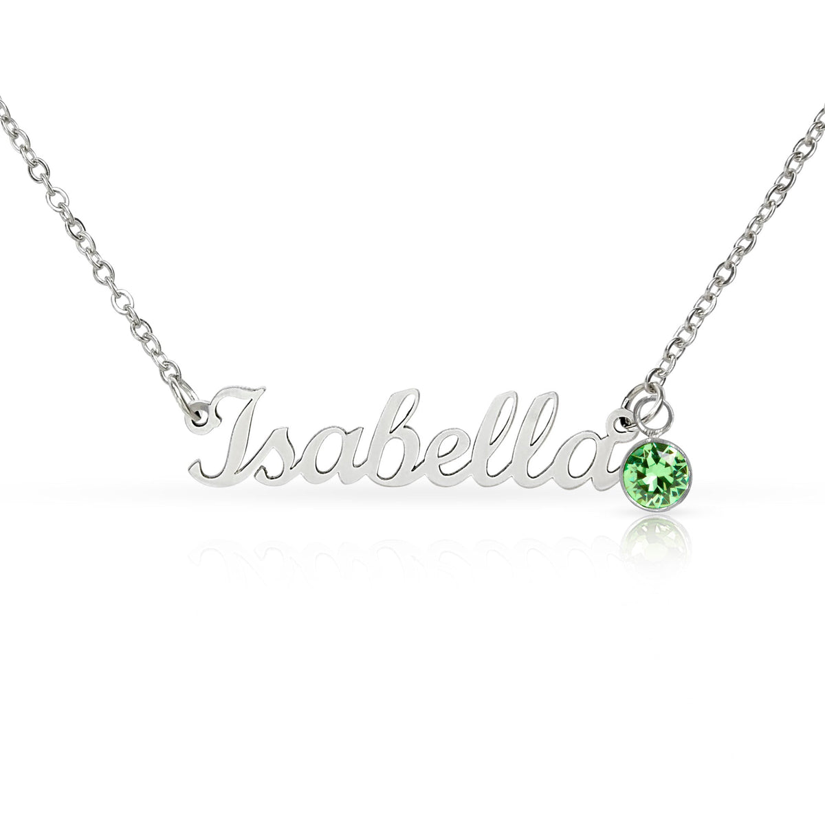 Personalized name necklace in Polished stainless steel chain with green birthstone charm - Custom Name Necklace with Birthstone - Arkenova Jewelry