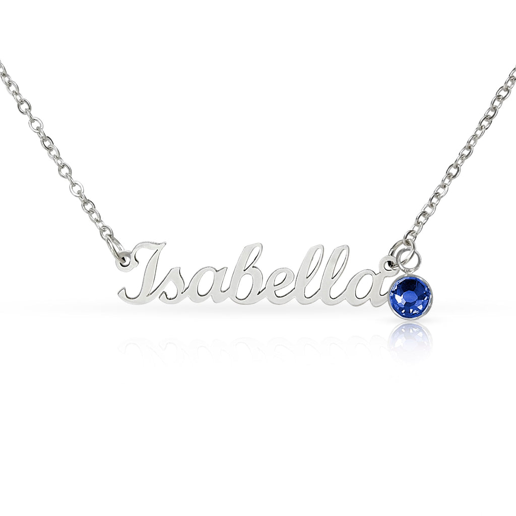 Personalized name necklace in Polished stainless steel  with blue birthstone charm - Custom Name Necklace with Birthstone - Arkenova Jewelry
