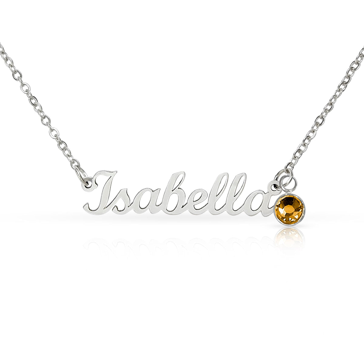 Personalized name necklace in Polished stainless steelwith  color amber birthstone charm - Custom Name Necklace with Birthstone - Arkenova Jewelry