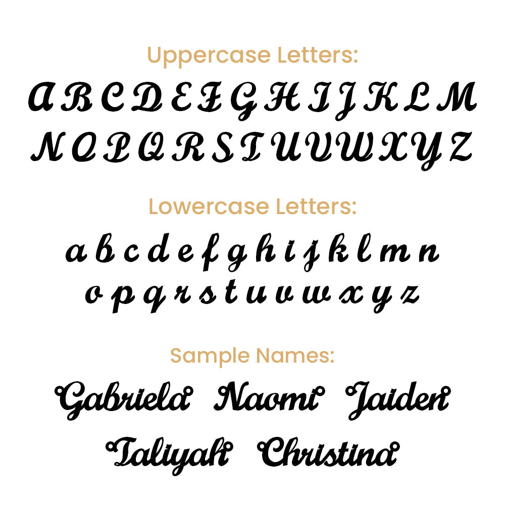 Custom name necklace cursive font style guide showing uppercase and lowercase lettering options - Arkenova Jewelry