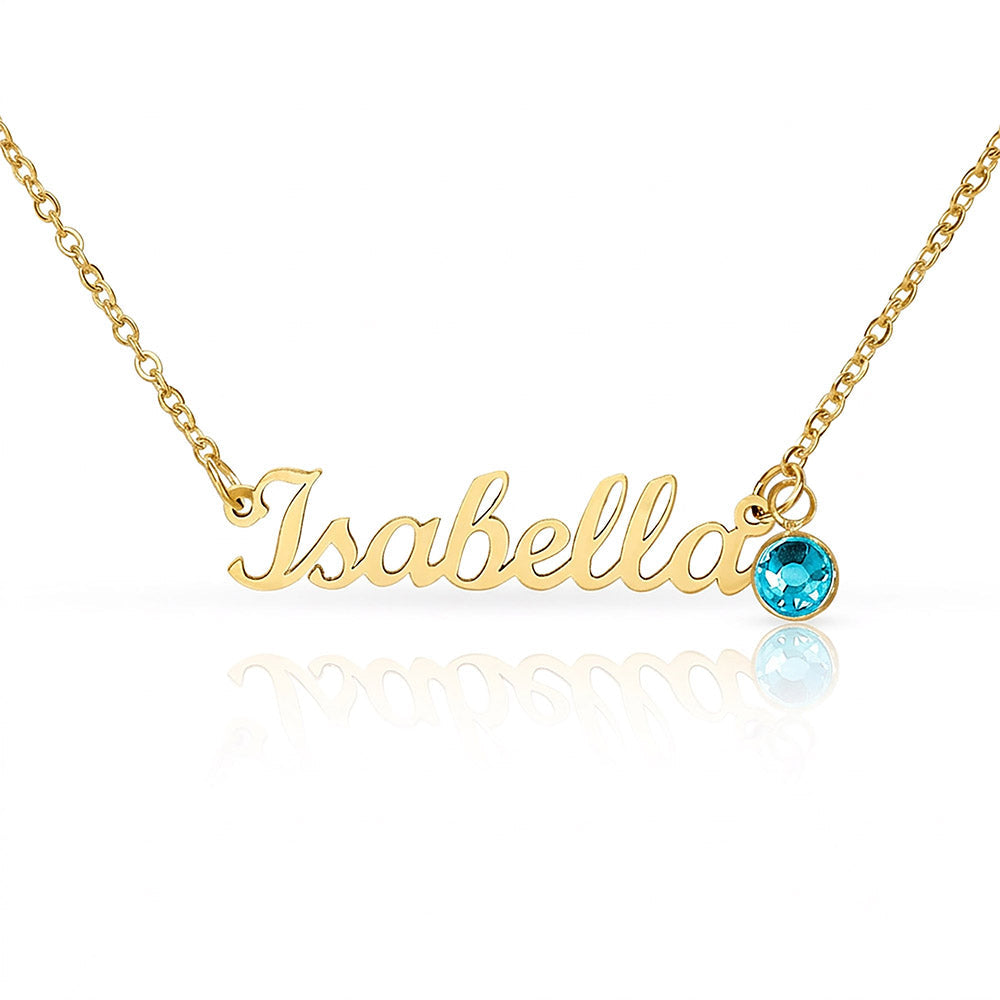Close-up of woman wearing personalized name necklace with birthstone charm - Custom Name Necklace with Birthstone - Arkenova Jewelry