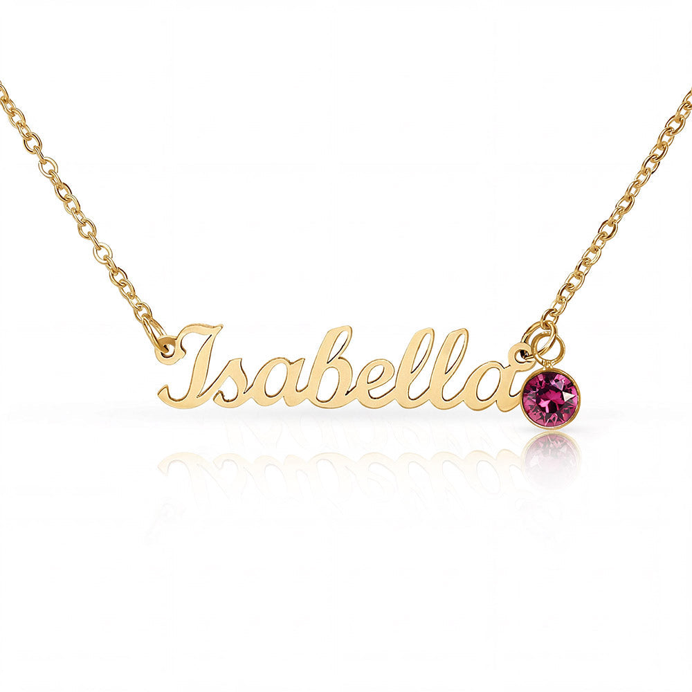 Woman wearing personalized cursive name necklace with birthstone pendant - Custom Name Necklace with Birthstone - Arkenova Jewelry