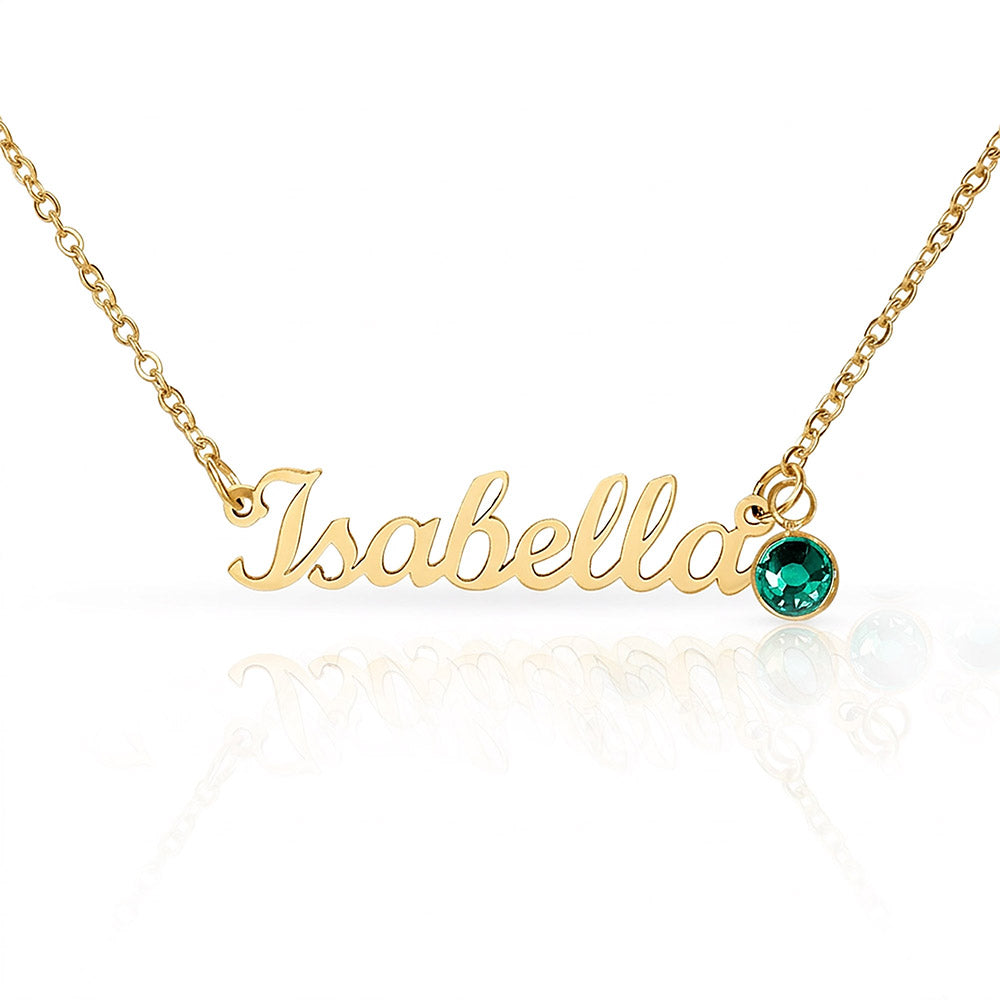 Personalized name necklace in gold chain with red birthstone charm - Custom Name Necklace with Birthstone - Arkenova Jewelry
