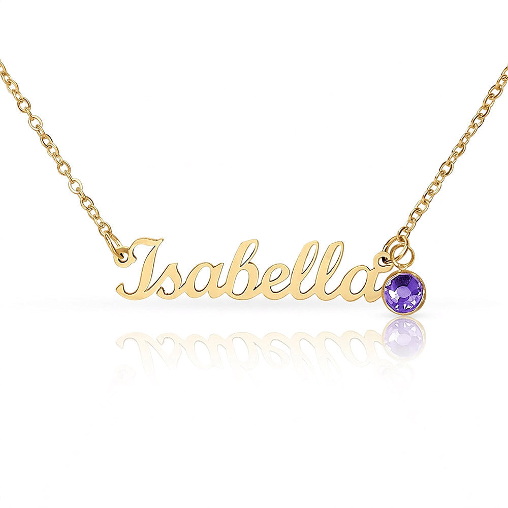 Personalized name necklace in gold chain with pink birthstone charm - Custom Name Necklace with Birthstone - Arkenova Jewelry
