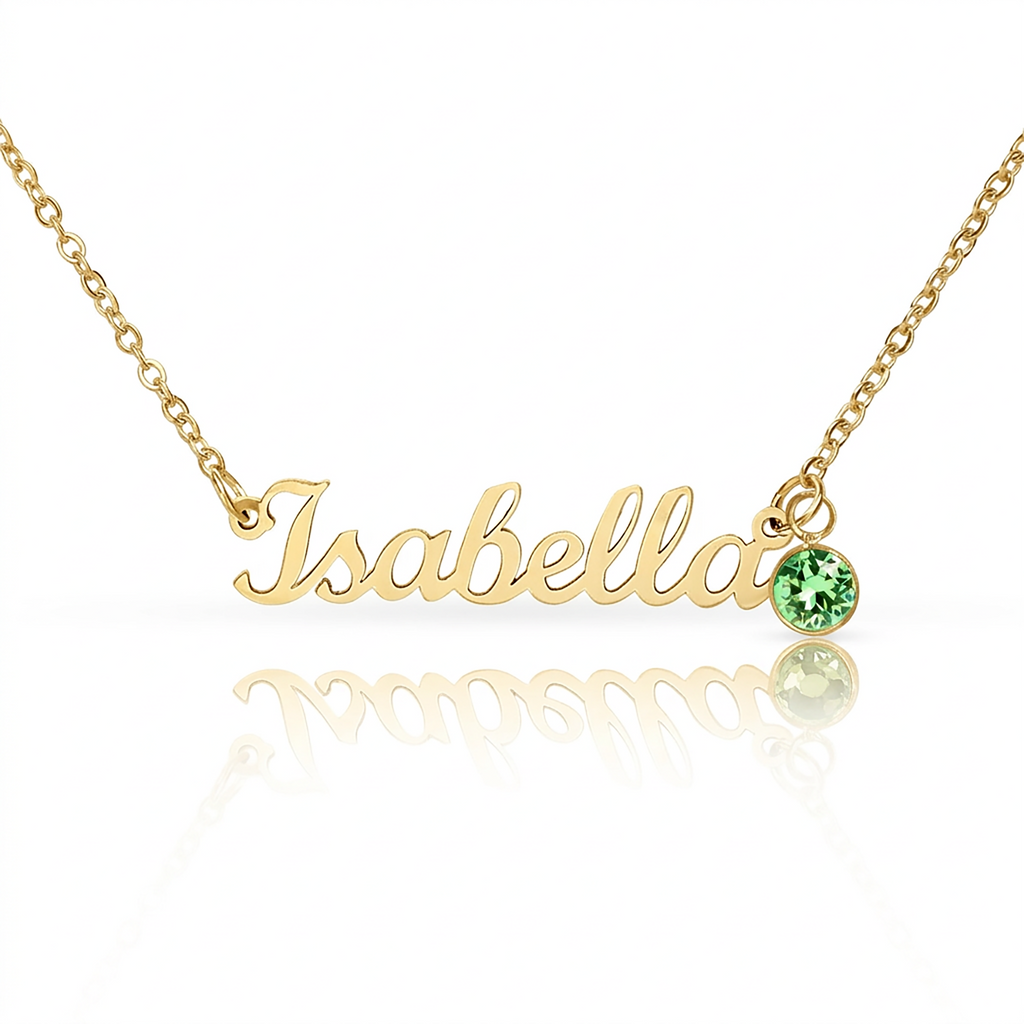 Custom name necklace cursive font style guide showing uppercase and lowercase lettering options - Arkenova Jewelry