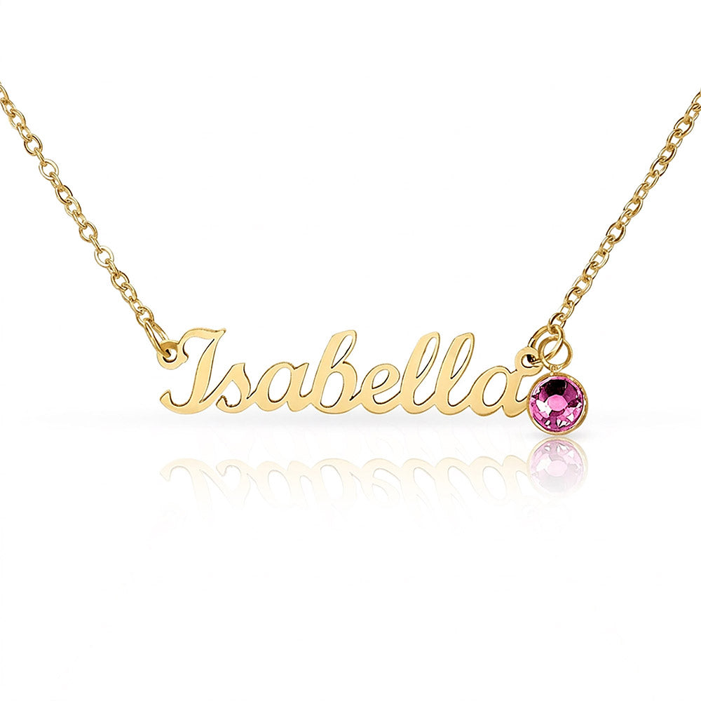 Personalized name necklace in gold chain with teal birthstone charm - Custom Name Necklace with Birthstone - Arkenova Jewelry
