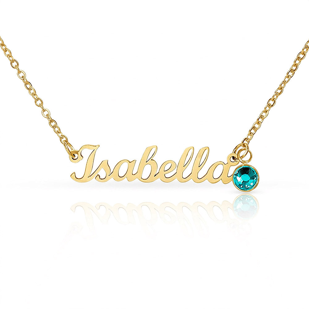 Personalized name necklace in gold chain with red birthstone charm - Custom Name Necklace with Birthstone - Arkenova Jewelry