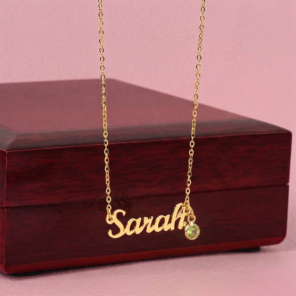Custom name necklace with birthstone charm in polished stainless steel, personalized jewelry made with someone in mind - Custom Name Necklace with Birthstone - Arkenova Jewelry