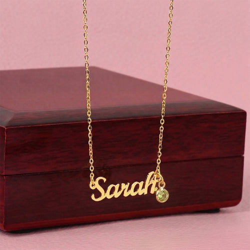 Custom name necklace with birthstone charm in polished stainless steel, personalized jewelry made with someone in mind - Custom Name Necklace with Birthstone - Arkenova Jewelry