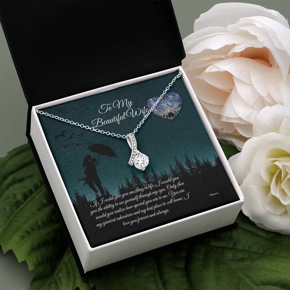 Personalized silver necklace with cubic zirconia heart pendant in anniversary gift box for her. - To My Beautiful Wife - Arkenova Jewelry