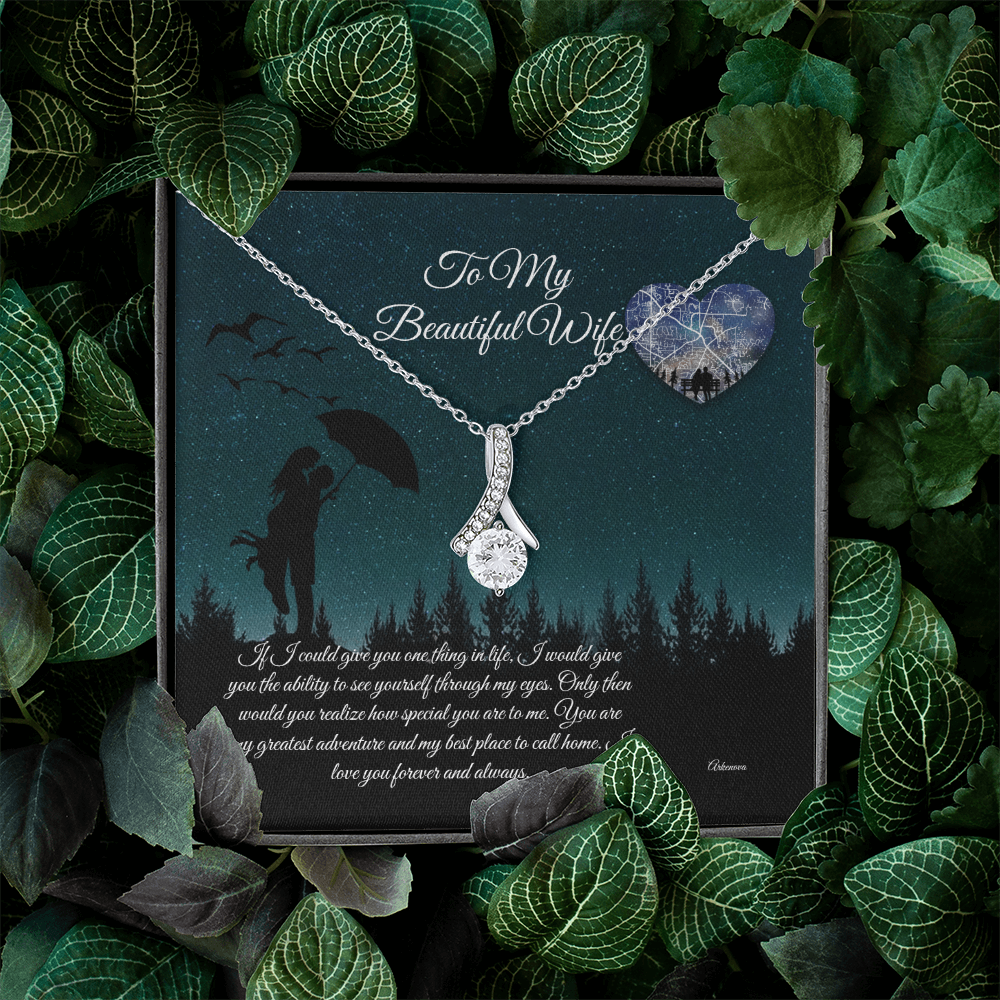Personalized silver necklace with teardrop pendant and message card reading "To My Beautiful Wife," anniversary gift jewelry . - To My Beautiful Wife - Arkenova Jewelry