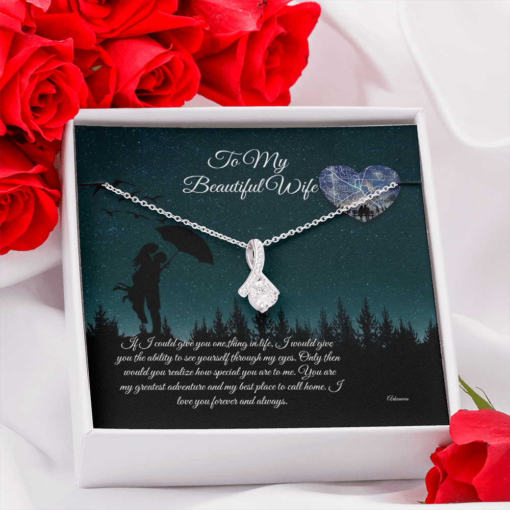 Personalized silver necklace with heart and ribbon pendants, anniversary gift jewelry for her. - To My Beautiful Wife - Arkenova Jewelry