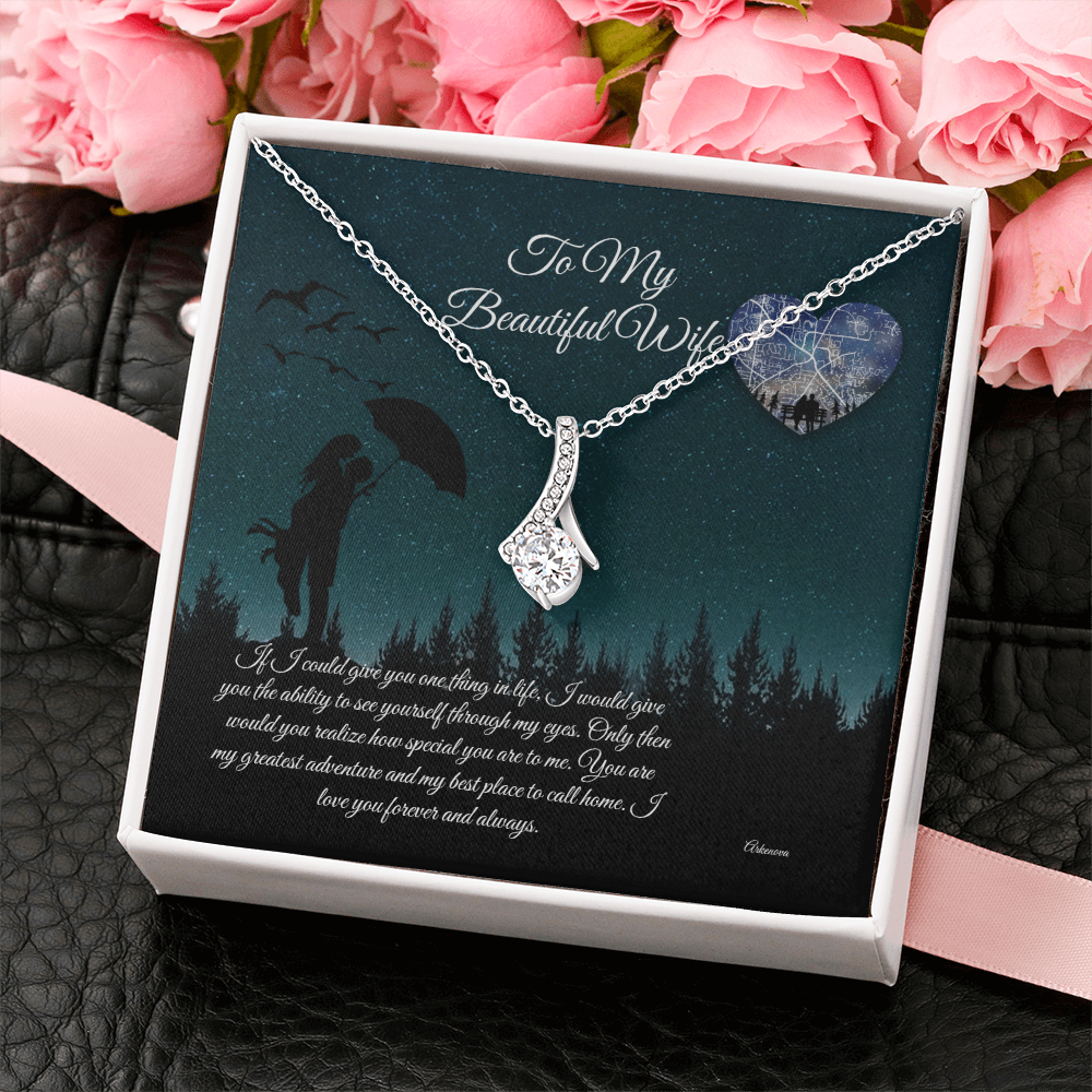 Personalized silver necklace with cubic zirconia heart pendant in anniversary gift box for her. - To My Beautiful Wife - Arkenova Jewelry