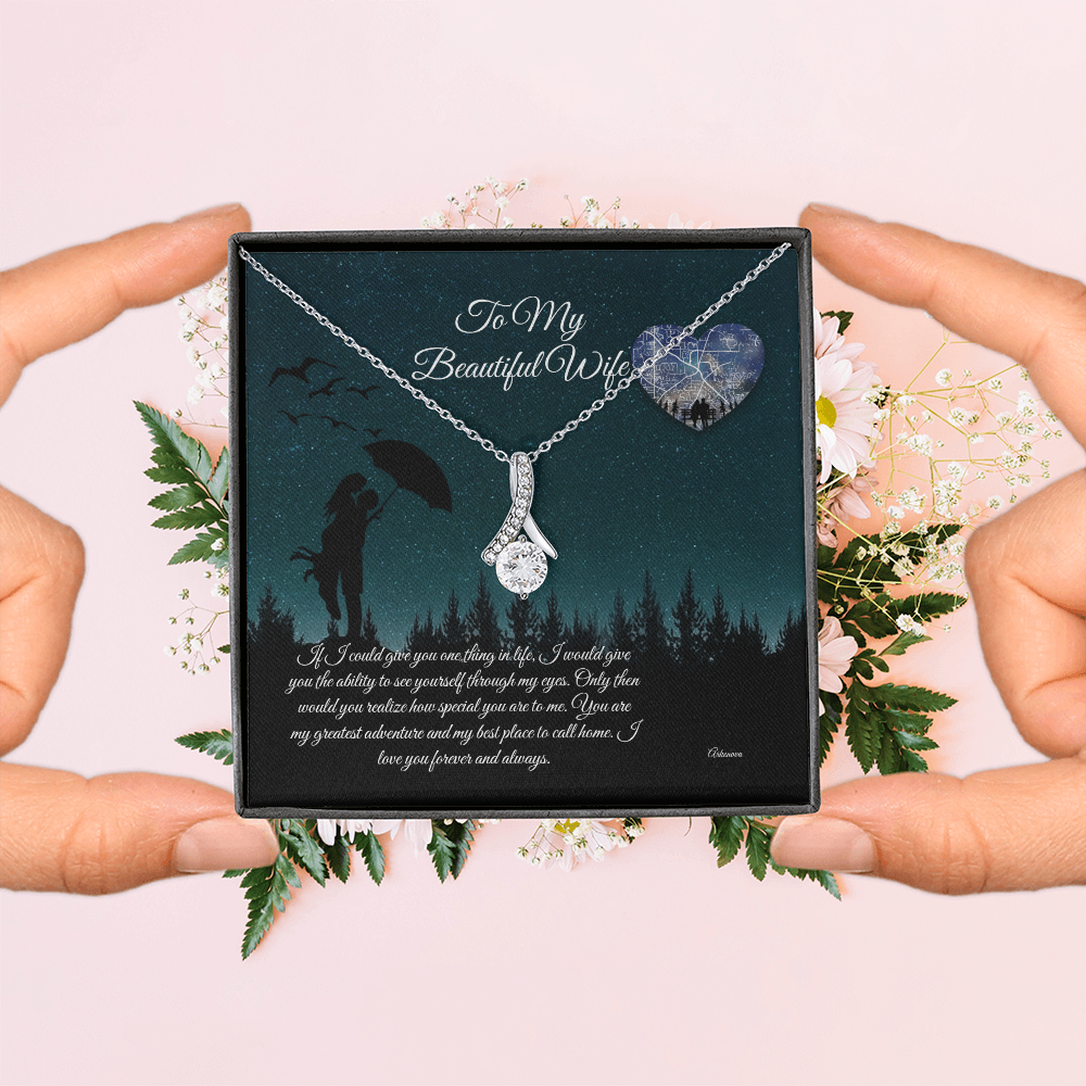 Personalized silver necklace with cubic zirconia pendant in anniversary gift box for her. - To My Beautiful Wife - Arkenova Jewelry