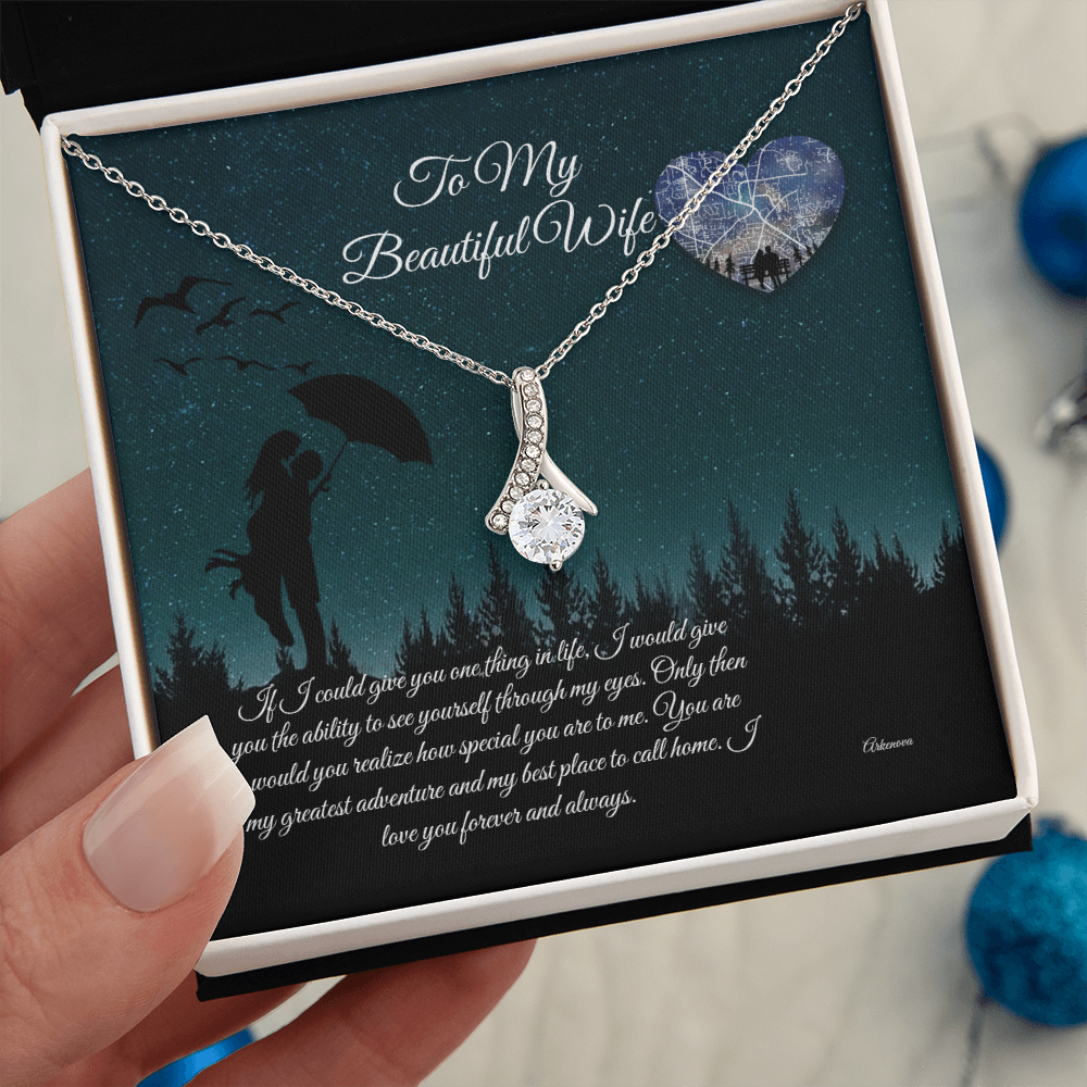 Personalized silver necklace with cubic zirconia pendant in romantic anniversary gift box for her. - To My Beautiful Wife - Arkenova Jewelry