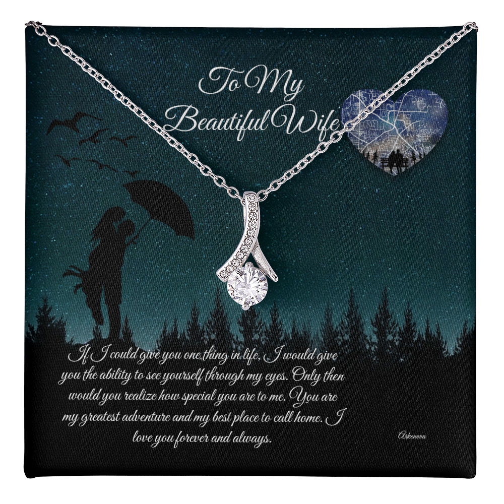 Personalized silver necklace with cubic zirconia pendant on romantic anniversary gift card for her. - To My Beautiful Wife - Arkenova Jewelry