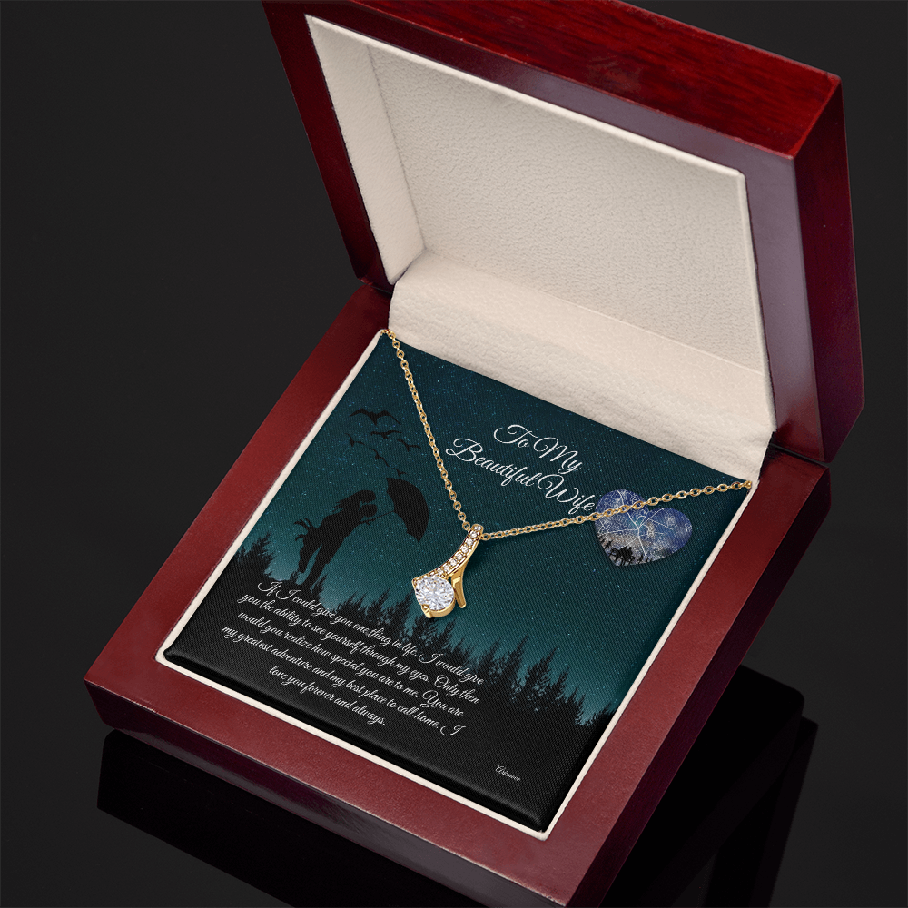 Personalized gold necklace with cubic zirconia pendant in luxury wooden box, anniversary gift jewelry for her. - To My Beautiful Wife - Arkenova Jewelry