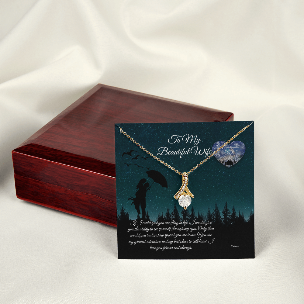 Personalized gold necklace with heart-shaped pendant and cubic zirconia on anniversary gift card with romantic design. - To My Beautiful Wife - Arkenova Jewelry