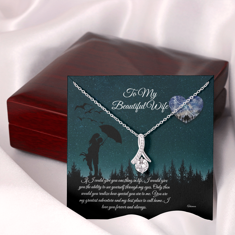 Personalized silver necklace with cubic zirconia pendant on romantic anniversary gift card, jewelry for her. - To My Beautiful Wife - Arkenova Jewelry