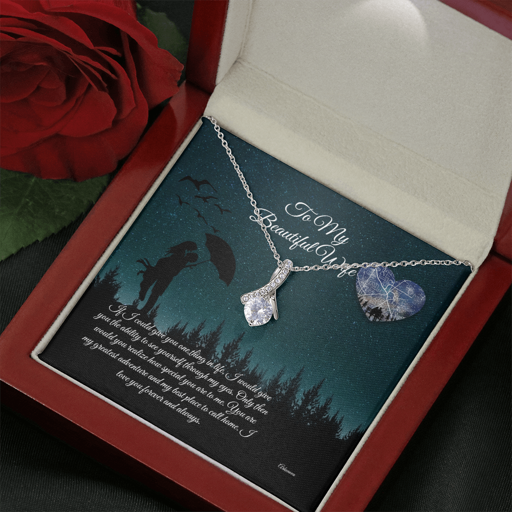 Personalized silver necklace with cubic zirconia pendant in red gift box for her anniversary gift jewelry. - To My Beautiful Wife - Arkenova Jewelry