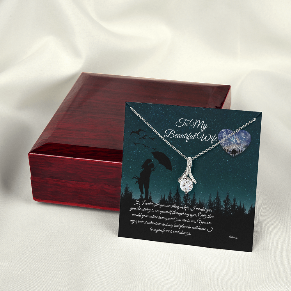 Personalized silver necklace with cubic zirconia pendant displayed on anniversary gift card with romantic message. - To My Beautiful Wife - Arkenova Jewelry