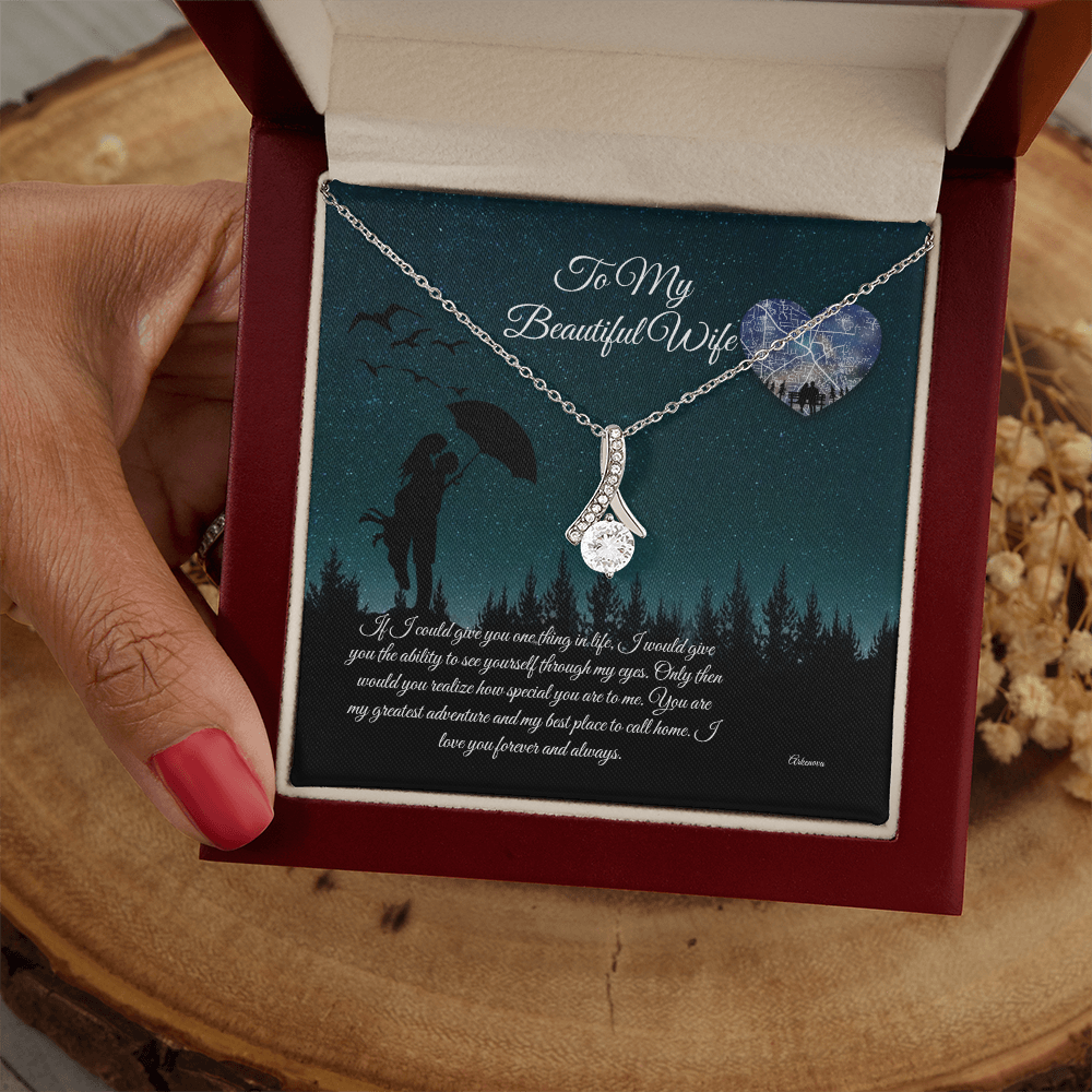 Personalized silver necklace with cubic zirconia in red velvet anniversary gift box for her. - To My Beautiful Wife - Arkenova Jewelry