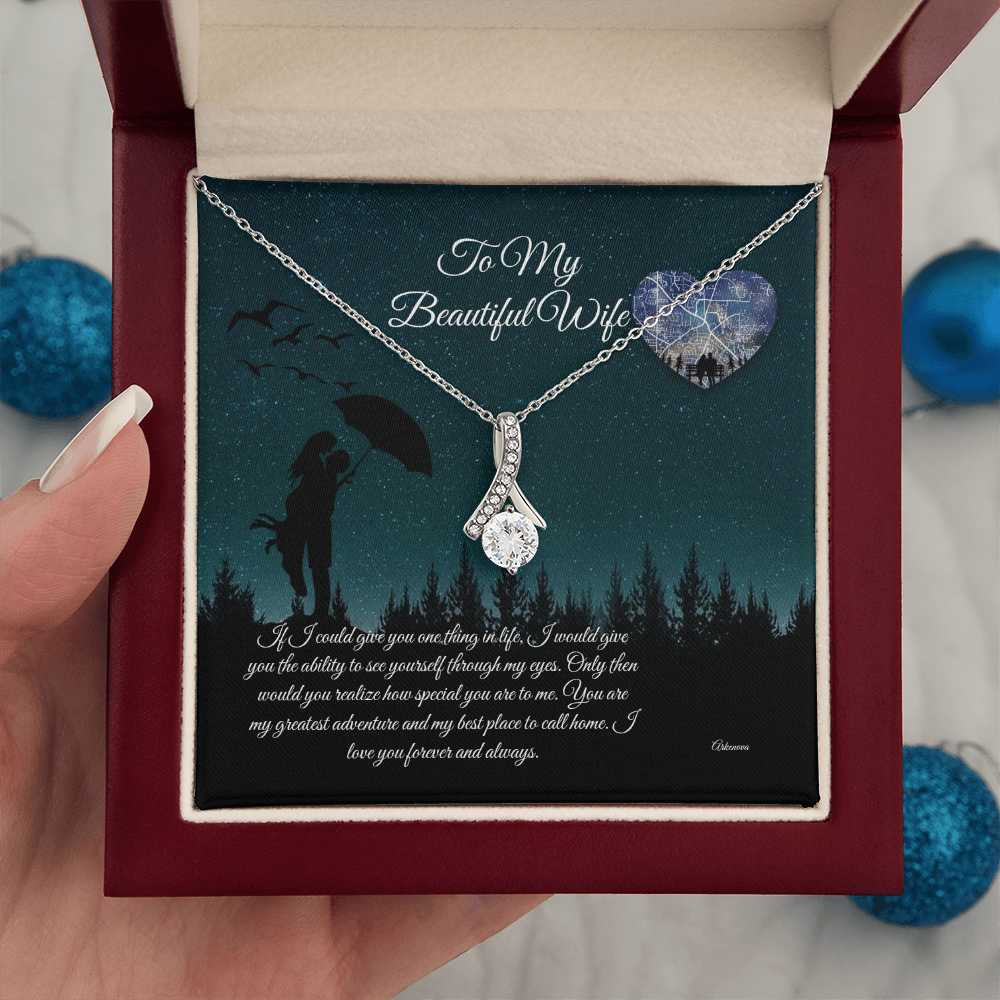 Personalized silver necklace with cubic zirconia pendant in red gift box for her anniversary gift. - To My Beautiful Wife - Arkenova Jewelry