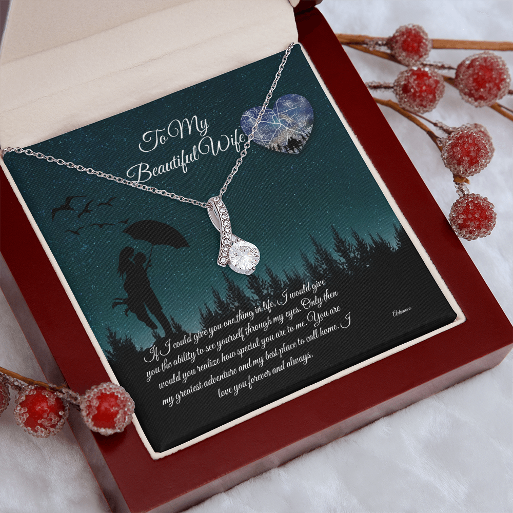 Personalized silver necklace with cubic zirconia pendant in a red gift box for her anniversary gift. - To My Beautiful Wife - Arkenova Jewelry
