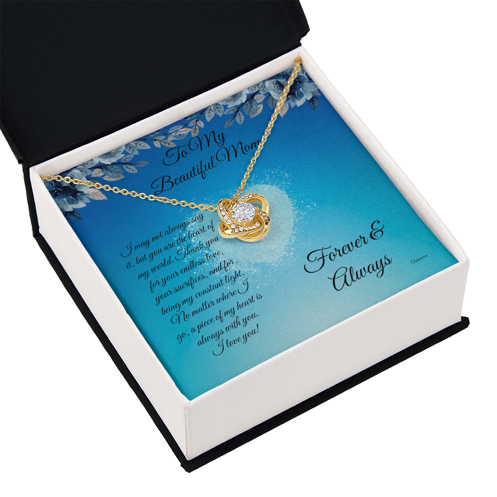 Gold knot necklace with cubic zirconia pendant in personalized gift box for her anniversary. - To My Beautiful Mom - Arkenova Jewelry