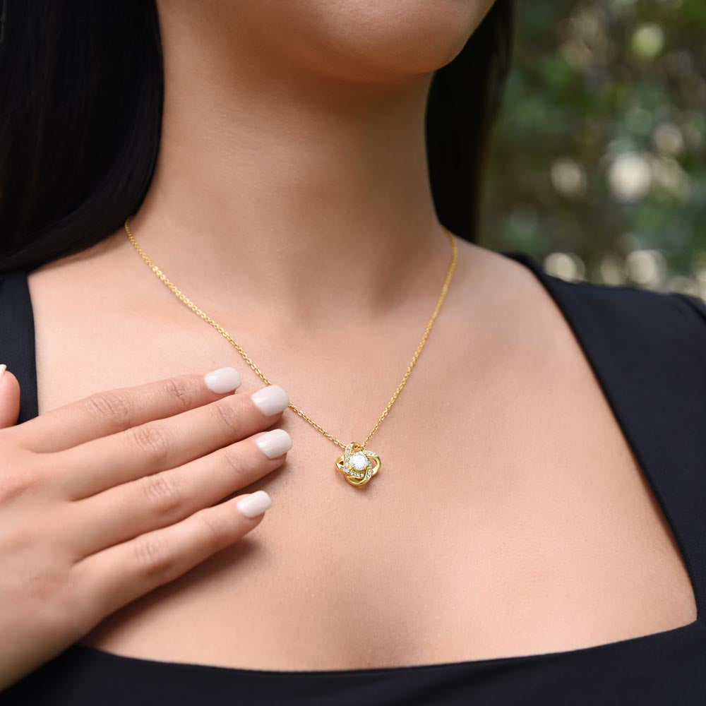 14K yellow gold personalized knot necklace with cubic zirconia pendant, elegant jewelry gift for her anniversary. - To My Beautiful Mom - Arkenova Jewelry