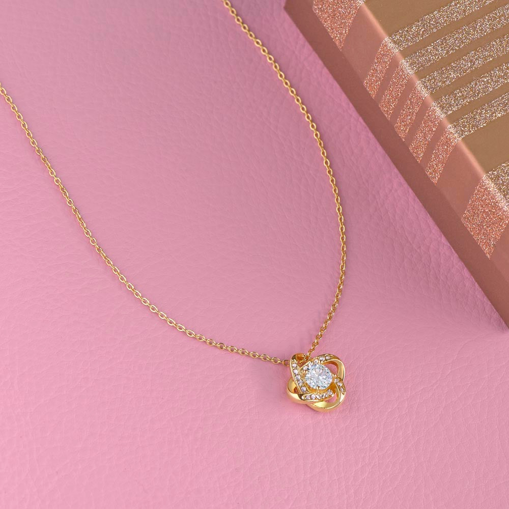 14K yellow gold knot necklace with sparkling cubic zirconia pendant, personalized gift for her anniversary. - To My Beautiful Mom - Arkenova Jewelry