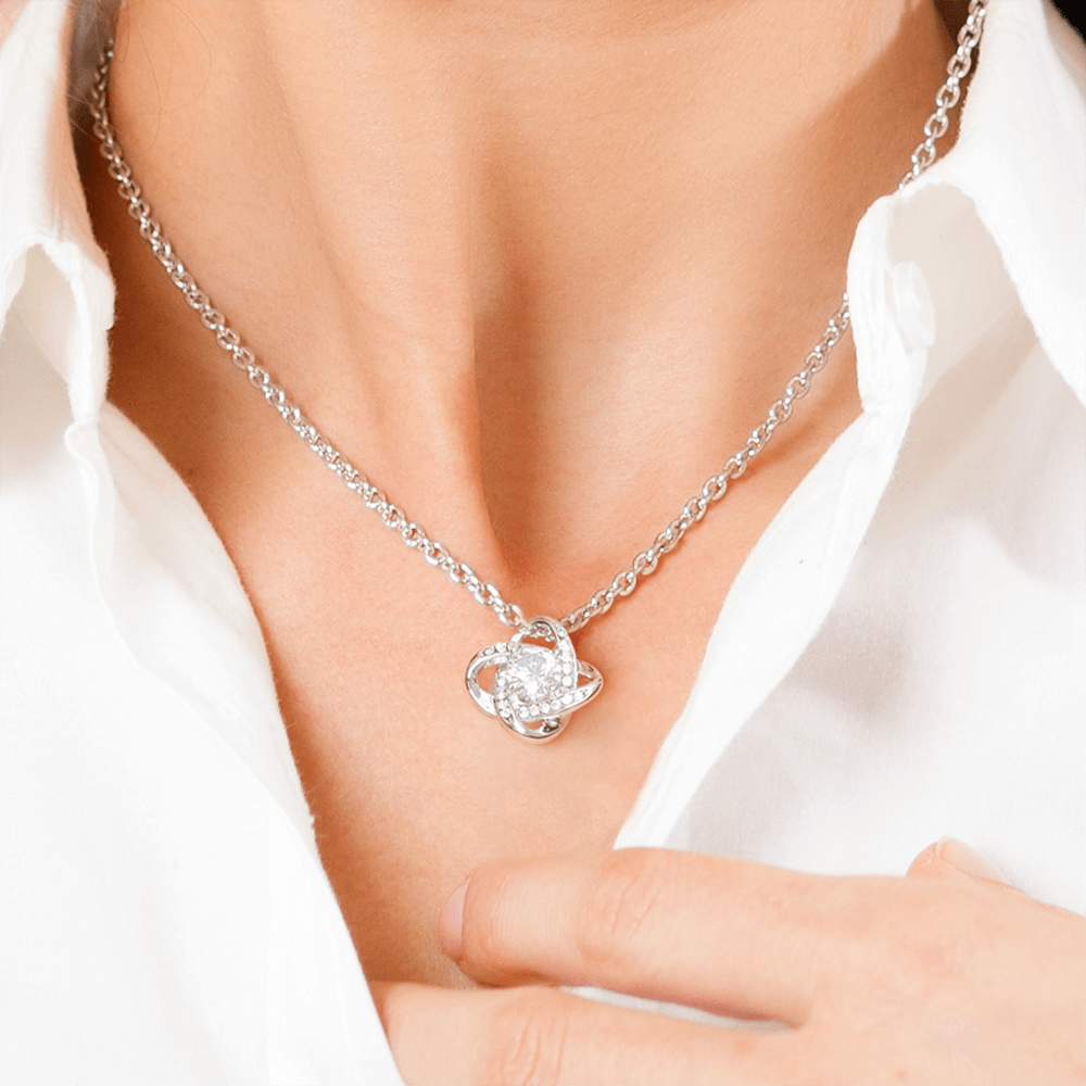 Personalized 14K white gold knot necklace with cubic zirconia, elegant anniversary gift jewelry for her. - To My Beautiful Mom - Arkenova Jewelry