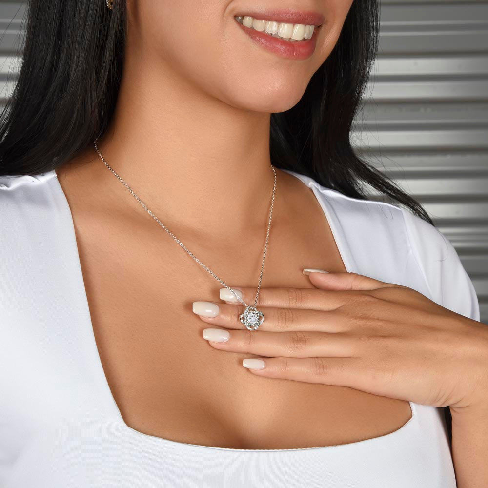 14K white gold personalized knot necklace with cubic zirconia pendant, elegant anniversary jewelry gift for her. - To My Beautiful Mom - Arkenova Jewelry