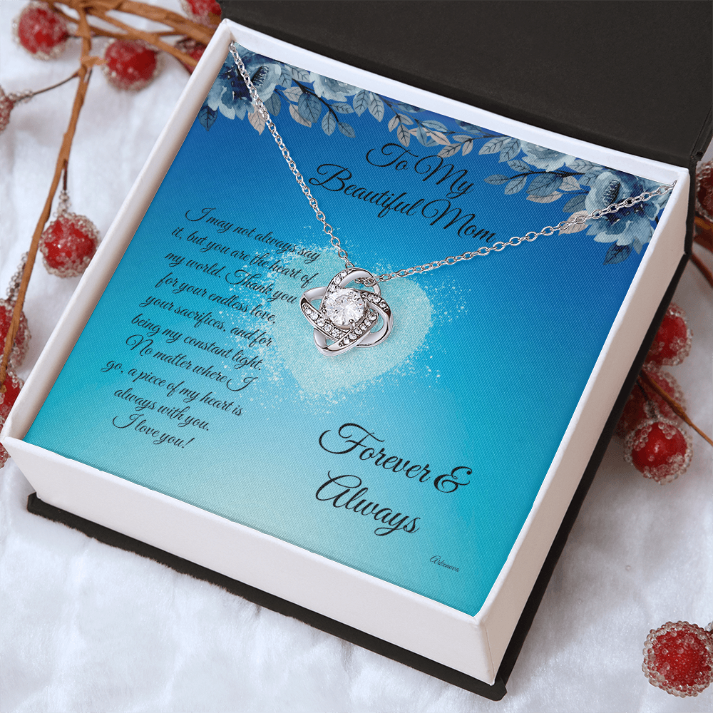 Personalized silver heart knot necklace gift for her in anniversary jewelry box with message "To My Beautiful Mom". - To My Beautiful Mom - Arkenova Jewelry