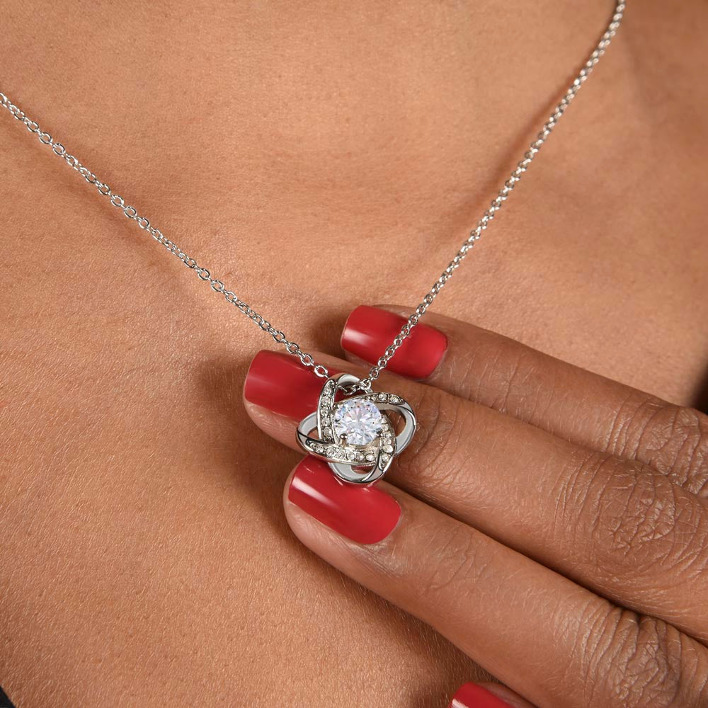 Personalized 14K white gold necklace with cubic zirconia knot pendant, elegant jewelry gift for her anniversary. - To My Beautiful Mom - Arkenova Jewelry