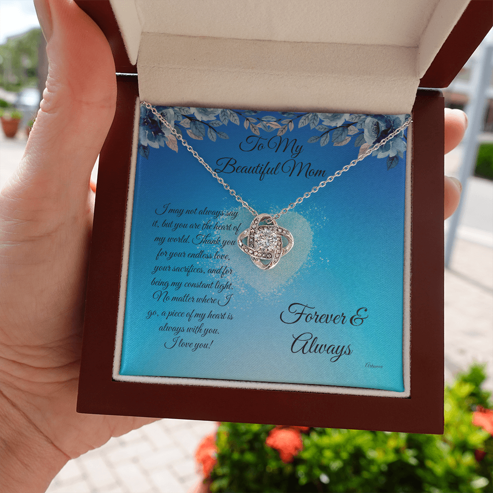 Personalized knot necklace with cubic zirconia in 14K white gold finish, anniversary gift for her in luxury box. - To My Beautiful Mom - Arkenova Jewelry