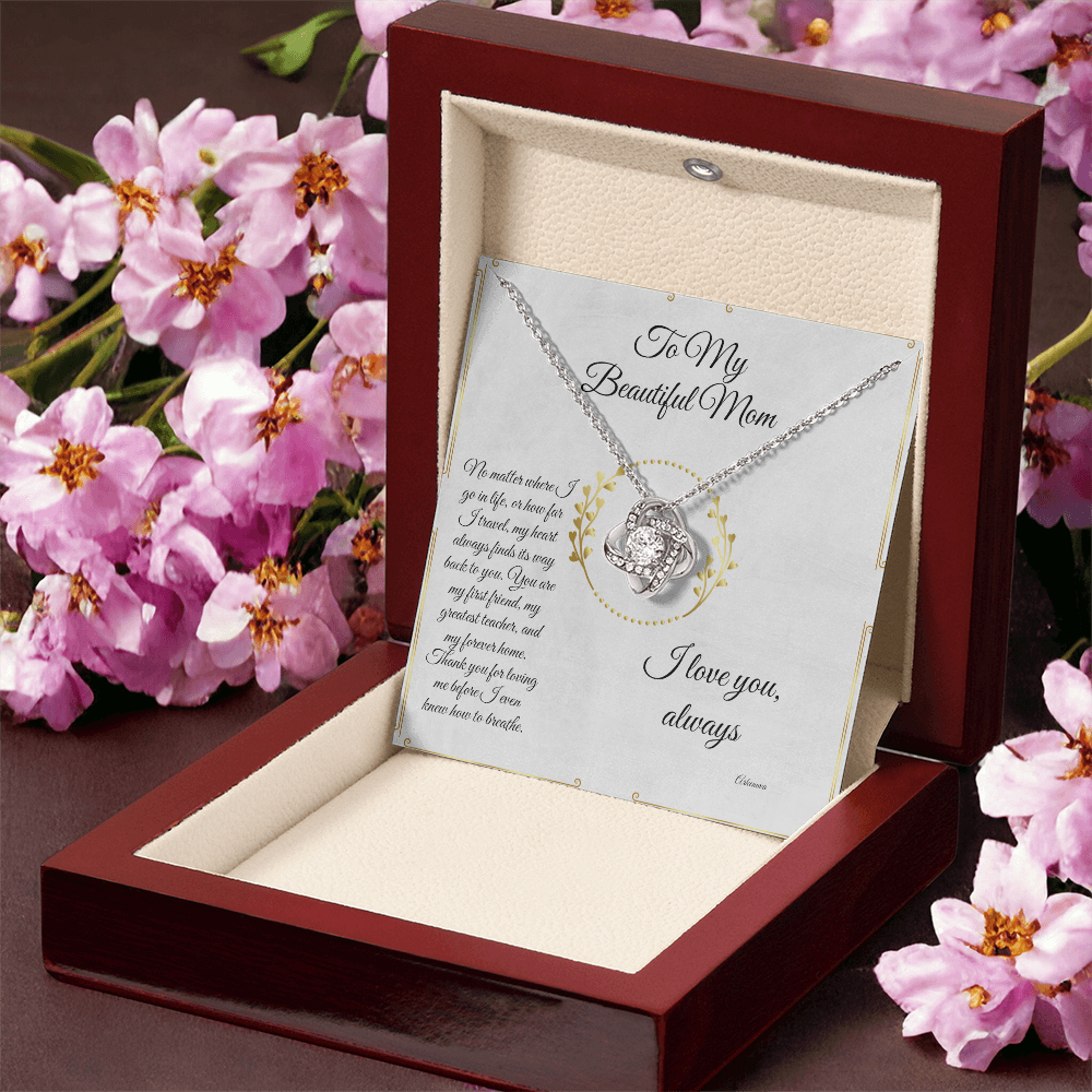 Personalized silver necklace with circular cubic zirconia pendant in elegant wooden anniversary gift box. - To My Forever Home - Arkenova Jewelry